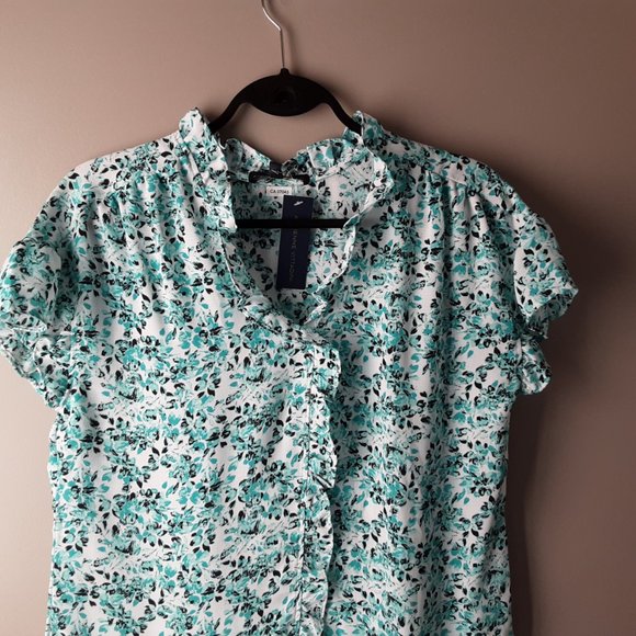 Adrienne Vittadini Short Sleeve Floral Blouse | White Turquoise Black | New! S/M - Picture 2 of 14